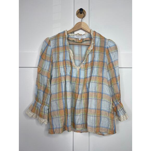 NEW Hunter Bell Pintuck 3/4 Sleeve Deep V-Neck Eyelet Trim Mia Plaid Top - Picture 2 of 7